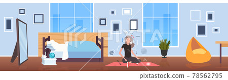 woman sitting lotus pose girl breathing oxygen and carbon dioxide transport cycle gas exchange concept bedroom interior horizontal full length 78562795