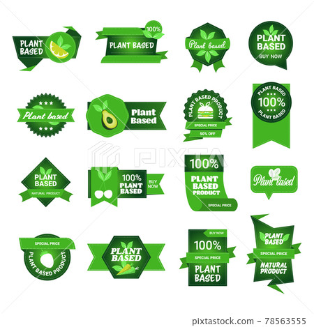set plant based natural product stickers organic healthy vegan market logos fresh food emblems badges collection design flat 78563555