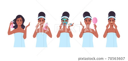 set young woman applying face mask dressed in towel african american girl cleaning and care her skin skincare spa makeup facial treatment concept portrait horizontal set young woman applying face mask dressed in towel african american girl cleaning and care her skin skincare spa makeup facial treatment concept portrait horizontal 78563607