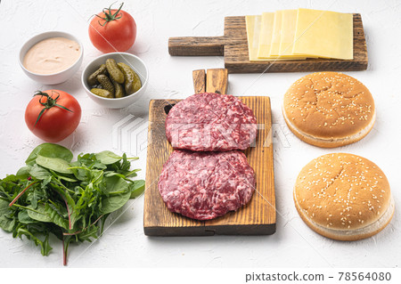 Burger banner. Raw ingredients for burger, on white stone background 78564080