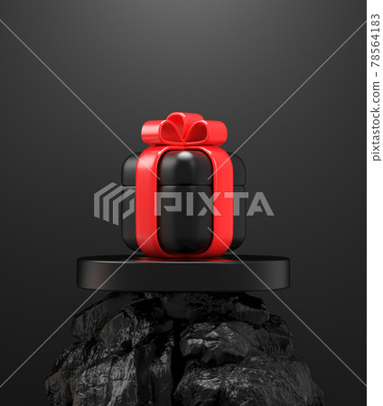 Celebrate Gift Box Red Ribbon On Shelves, Black Rock Stone Base, Dark Background, 3d Render 78564183