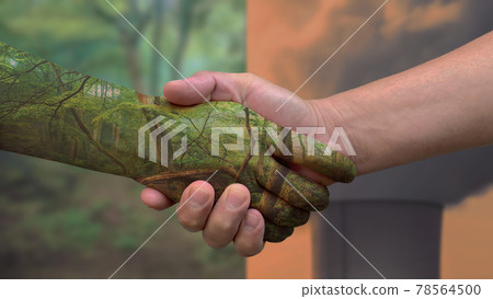 Environment concept. Handshake between human and mother nature Environment concept. Handshake between human and mother nature 78564500