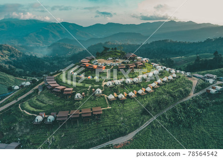Aerial view of camping grounds and tents on Doi Mon Cham mountain in Mae Rim, Chiang Mai province 78564542