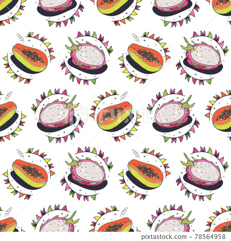 Papaya and dragon fruit. Seamless pattern on a white background. Cute vector illustration. Papaya and dragon fruit. Seamless pattern on a white background. Cute vector illustration. 78564958