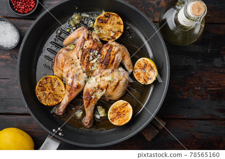 Fried chicken meat, on old wooden table, top view 78565160