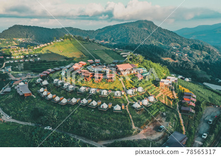 Aerial view of camping grounds and tents on Doi Mon Cham mountain in Mae Rim, Chiang Mai province 78565317