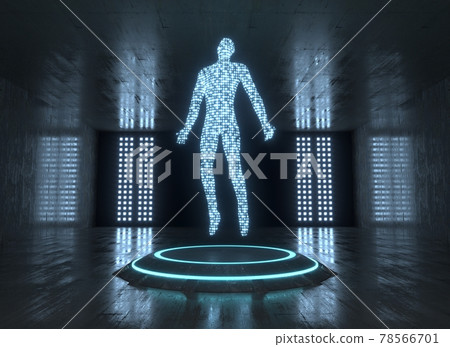 Dark sci-fi room with neon platform and digital man on that. Science fiction, future, technology, human-computer symbiosis. 3d rendering. Dark sci-fi room with neon platform and digital man on that. Science fiction, future, technology, human-computer symbiosis. 3d rendering. 78566701