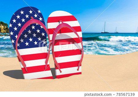Flip flops with The United States flag on the beach. the USA resorts, vacation, tours, travel packages concept. 3D rendering 78567139