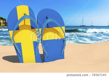 Flip flops with Swedish flag on the beach. Sweden resorts, vacation, tours, travel packages concept. 3D rendering Flip flops with Swedish flag on the beach. Sweden resorts, vacation, tours, travel packages concept. 3D rendering 78567145