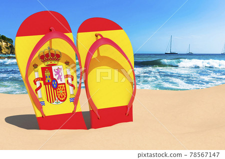 Flip flops with Spanish flag on the beach. Spain resorts, vacation, tours, travel packages concept. 3D rendering Flip flops with Spanish flag on the beach. Spain resorts, vacation, tours, travel packages concept. 3D rendering 78567147