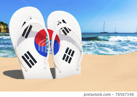 Flip flops with South Korean flag on the beach. South Korea resorts, vacation, tours, travel packages concept. 3D rendering Flip flops with South Korean flag on the beach. South Korea resorts, vacation, tours, travel packages concept. 3D rendering 78567148