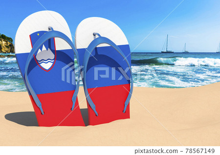 Flip flops with Slovenian flag on the beach. Slovenia resorts, vacation, tours, travel packages concept. 3D rendering 78567149