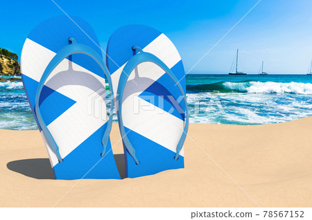 Flip flops with Scottish flag on the beach. Scotland resorts, vacation, tours, travel packages concept. 3D rendering Flip flops with Scottish flag on the beach. Scotland resorts, vacation, tours, travel packages concept. 3D rendering 78567152