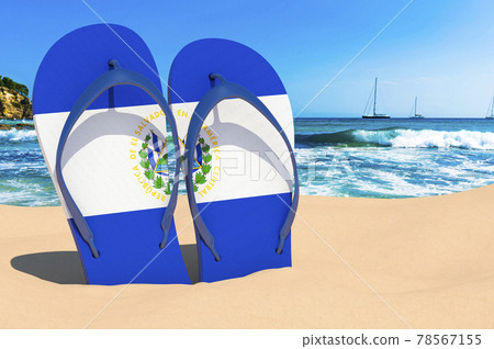 Flip flops with Salvadoran flag on the beach. El Salvador resorts, vacation, tours, travel packages concept. 3D rendering Flip flops with Salvadoran flag on the beach. El Salvador resorts, vacation, tours, travel packages concept. 3D rendering 78567155
