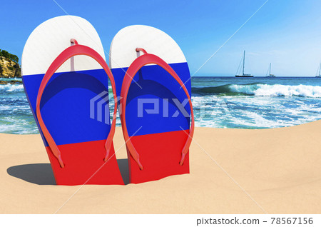 Flip flops with Russian flag on the beach. Russia resorts, vacation, tours, travel packages concept. 3D rendering Flip flops with Russian flag on the beach. Russia resorts, vacation, tours, travel packages concept. 3D rendering 78567156
