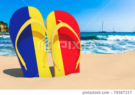 Flip flops with Romanian flag on the beach. Romania resorts, vacation, tours, travel packages concept. 3D rendering Flip flops with Romanian flag on the beach. Romania resorts, vacation, tours, travel packages concept. 3D rendering 78567157