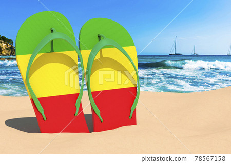 Flip flops with Rastafarian flag on the beach. 3D rendering Flip flops with Rastafarian flag on the beach. 3D rendering 78567158