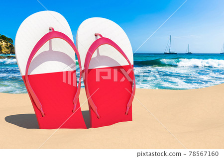 Flip flops with Polish flag on the beach. Poland resorts, vacation, tours, travel packages concept. 3D rendering 78567160