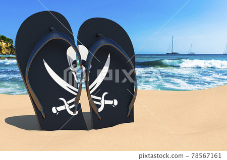 Flip flops with piracy flag on the beach. 3D rendering Flip flops with piracy flag on the beach. 3D rendering 78567161