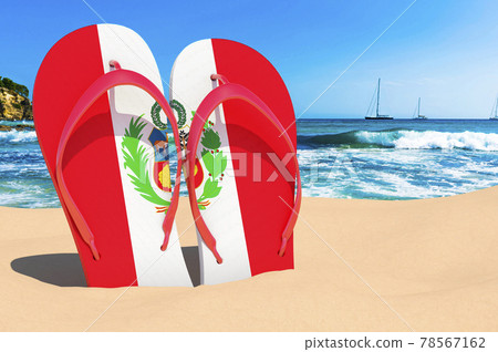 Flip flops with Peruvian flag on the beach. Peru resorts, vacation, tours, travel packages concept. 3D rendering Flip flops with Peruvian flag on the beach. Peru resorts, vacation, tours, travel packages concept. 3D rendering 78567162