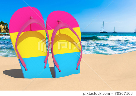 Flip flops with pansexual flag on the beach. 3D rendering Flip flops with pansexual flag on the beach. 3D rendering 78567163