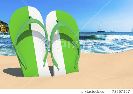 Flip flops with Nigerian flag on the beach. Nigeria resorts, vacation, tours, travel packages concept. 3D rendering Flip flops with Nigerian flag on the beach. Nigeria resorts, vacation, tours, travel packages concept. 3D rendering 78567167