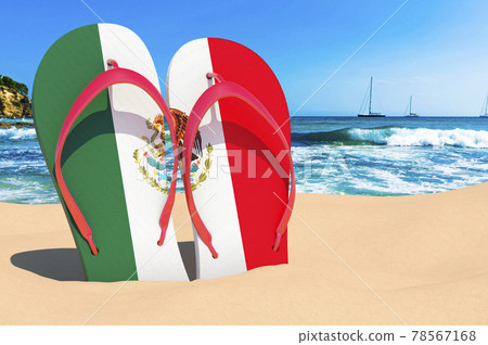 Flip flops with Mexican flag on the beach. Mexico resorts, vacation, tours, travel packages concept. 3D rendering Flip flops with Mexican flag on the beach. Mexico resorts, vacation, tours, travel packages concept. 3D rendering 78567168
