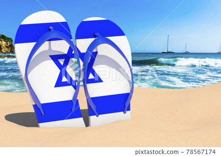Flip flops with Israeli flag on the beach. Israel resorts, vacation, tours, travel packages concept. 3D rendering Flip flops with Israeli flag on the beach. Israel resorts, vacation, tours, travel packages concept. 3D rendering 78567174