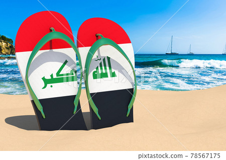Flip flops with Iraqi flag on the beach. Iraq resorts, vacation, tours, travel packages concept. 3D rendering Flip flops with Iraqi flag on the beach. Iraq resorts, vacation, tours, travel packages concept. 3D rendering 78567175