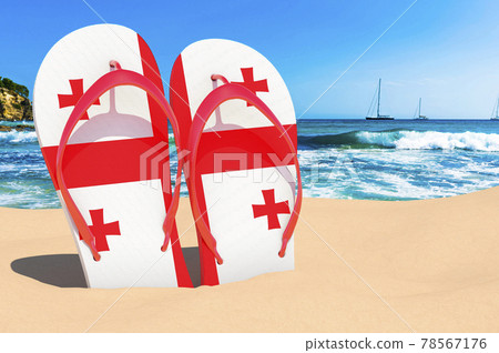 Flip flops with Georgian flag on the beach. Georgia resorts, vacation, tours, travel packages concept. 3D rendering 78567176