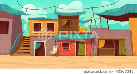 Ghetto street with poor dirty houses, shacks Ghetto street with poor dirty houses, shacks 78567315