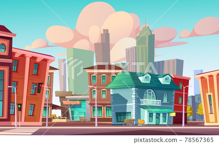 Urban street landscape with cafe, beauty salon 78567365