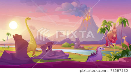 Dinosaurs at erupting volcano tropical landscape 78567380