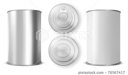 Tin can with ring pull side, top and bottom view Tin can with ring pull side, top and bottom view 78567417