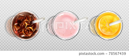 Glass of orange juice, cola and milkshake top view 78567439