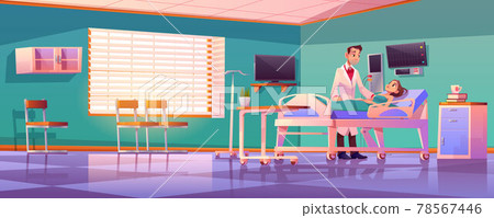 Hospital ward with doctor and patient on bed Hospital ward with doctor and patient on bed 78567446