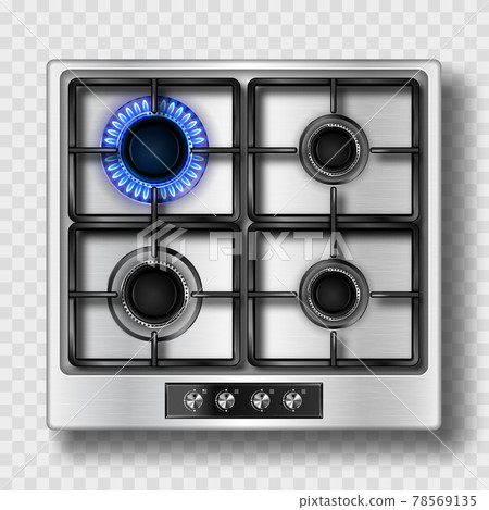 Gas stove top view with blue flame and steel grate Gas stove top view with blue flame and steel grate 78569135