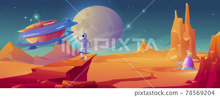 Astronaut on alien planet waving hand to spaceship 78569204