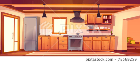 Rustic kitchen empty interior with wood furniture 78569259