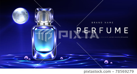 Perfume bottle on night water surface background 78569279