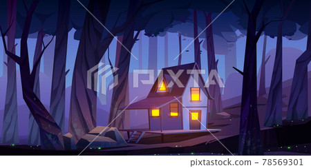 Wooden mystic stilt house, shack in night forest 78569301