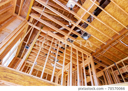 Frame house roof of house attic under construction frame wooden beams Frame house roof of house attic under construction frame wooden beams 78570066