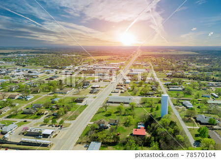 Panorama landscape scenic aerial view of a suburban settlement in a beautiful detached houses the Stroud town Oklahoma USA 78570104