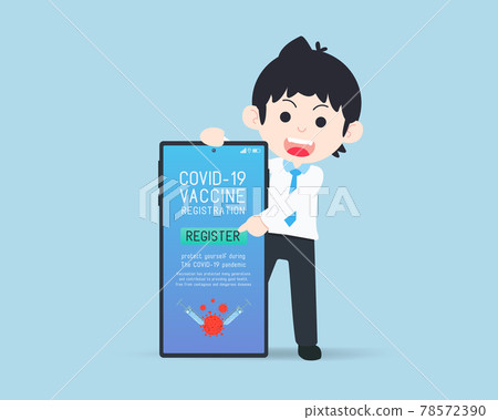 Business Man Pointing to Mobile Phone about Covid Coronavirus Vaccine Registration Business Man Pointing to Mobile Phone about Covid Coronavirus Vaccine Registration 78572390