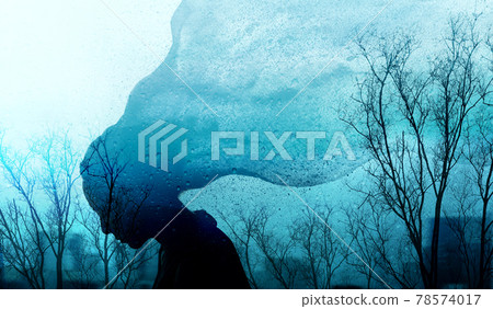 Mental Health Disorder Concept. Exhausted Depressed Female. Silhouette of Stressed Woman combined with Dry Tree and Rain. Depression Psychology. Dark Blue Tone Mental Health Disorder Concept. Exhausted Depressed Female. Silhouette of Stressed Woman combined with Dry Tree and Rain. Depression Psychology. Dark Blue Tone 78574017