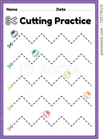 Kids cutting activity for preschool and kindergarten children to cut the paper with scissors to improve motor skills, coordination and develop small muscles for toddlers in a printable illustration 78574029