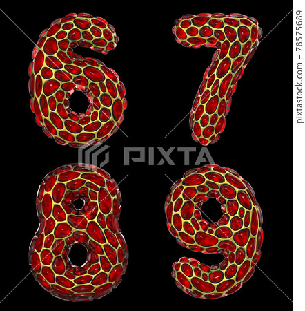 Number set 6, 7, 8, 9 made of realistic 3d render golden shining metallic. Collection of gold shining metallic with red color glass symbol Number set 6, 7, 8, 9 made of realistic 3d render golden shining metallic. Collection of gold shining metallic with red color glass symbol 78575689