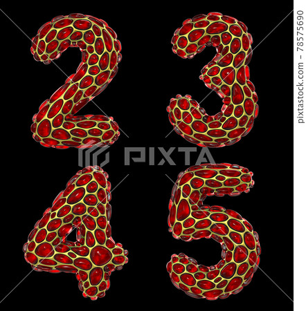 Number set 2, 3, 4, 5 made of realistic 3d render golden shining metallic. Collection of gold shining metallic with red color glass symbol Number set 2, 3, 4, 5 made of realistic 3d render golden shining metallic. Collection of gold shining metallic with red color glass symbol 78575690