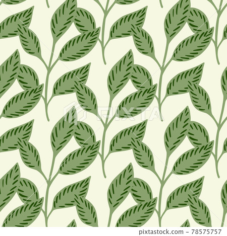 Isolated seamless pattern with doodle spring leaf branches green ornament. White background. Decor print. Isolated seamless pattern with doodle spring leaf branches green ornament. White background. Decor print. 78575757