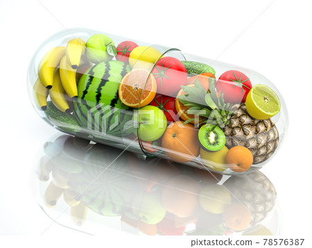Vitamin pill capsule with fruits and vegetables. Nutrition supplemet and health eating concept. 78576387